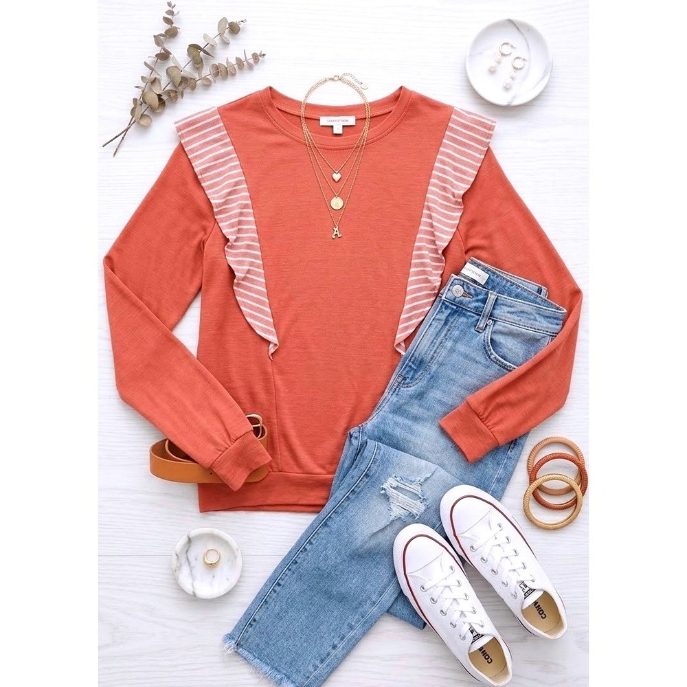 CUPiO Women Peach Striped Ruffle Long Sleeve Top Shirt Size S